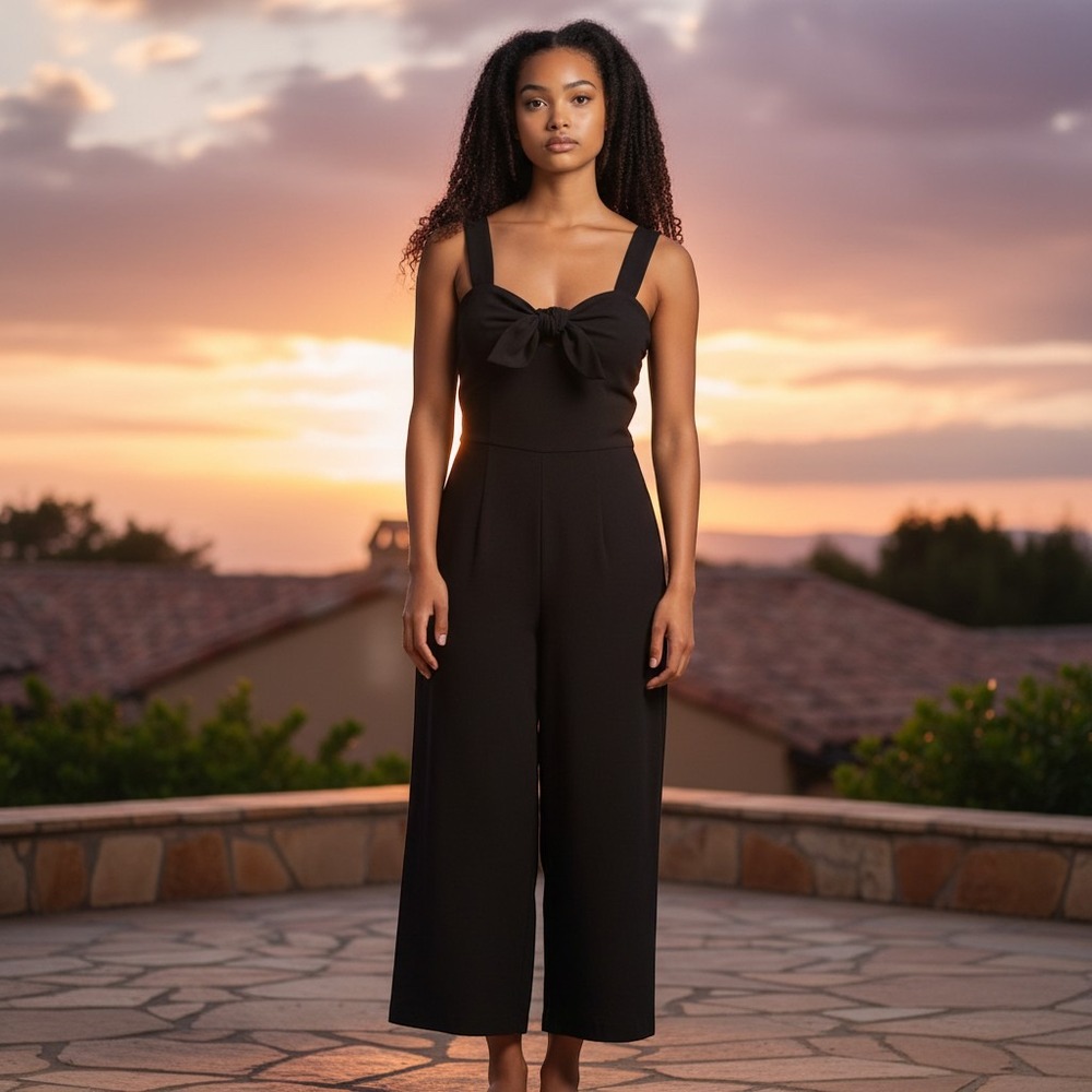 Entro Black Wide Leg Bow Front Jumpsuit Sleeveless Square Neck R13641 Large